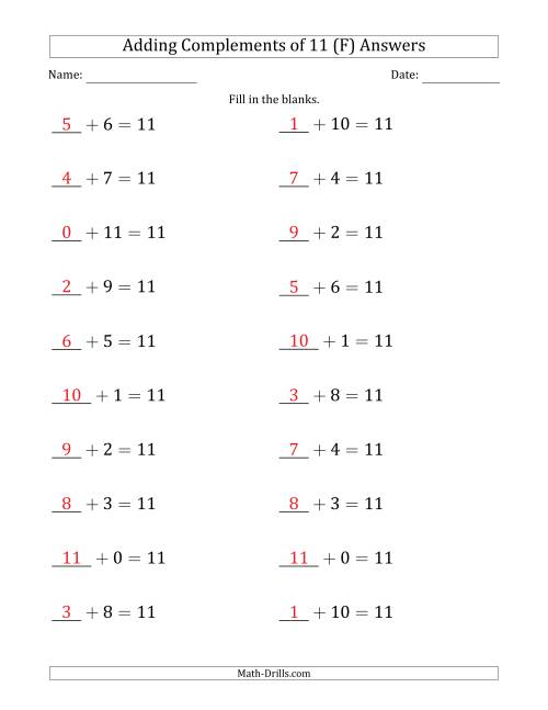 The Adding Complements of 11 (Blanks in First Position Only) (F) Math Worksheet Page 2