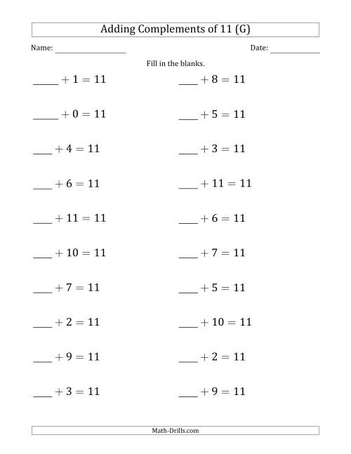 The Adding Complements of 11 (Blanks in First Position Only) (G) Math Worksheet