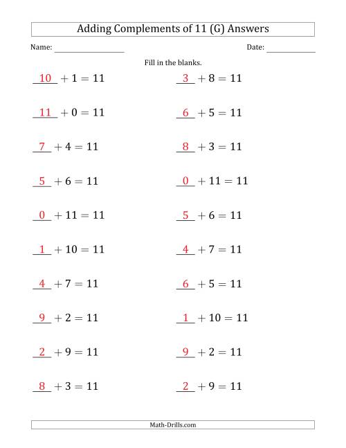 The Adding Complements of 11 (Blanks in First Position Only) (G) Math Worksheet Page 2