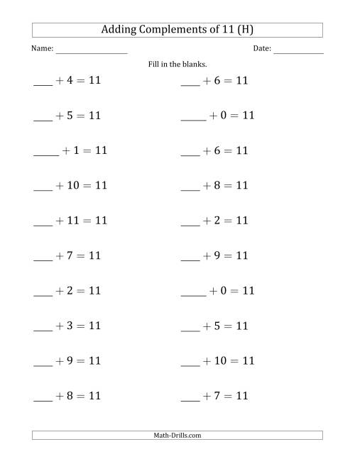 The Adding Complements of 11 (Blanks in First Position Only) (H) Math Worksheet