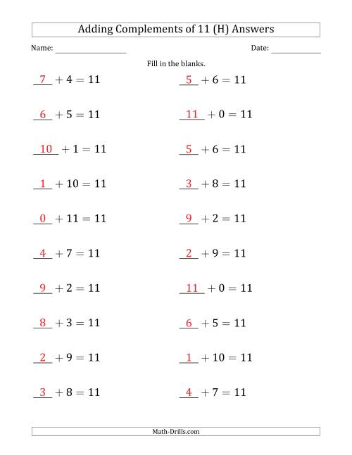 The Adding Complements of 11 (Blanks in First Position Only) (H) Math Worksheet Page 2