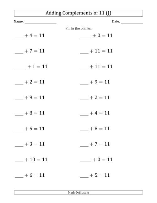 The Adding Complements of 11 (Blanks in First Position Only) (J) Math Worksheet
