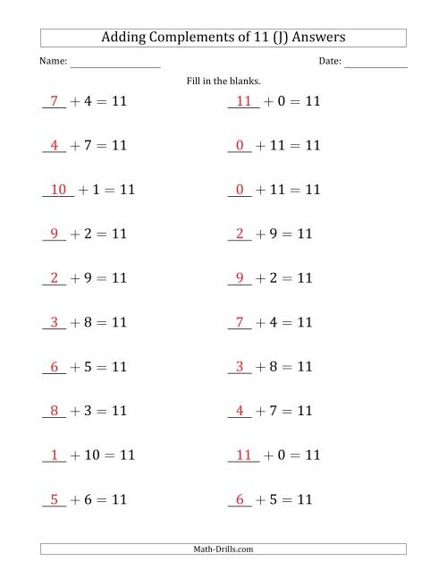 The Adding Complements of 11 (Blanks in First Position Only) (J) Math Worksheet Page 2