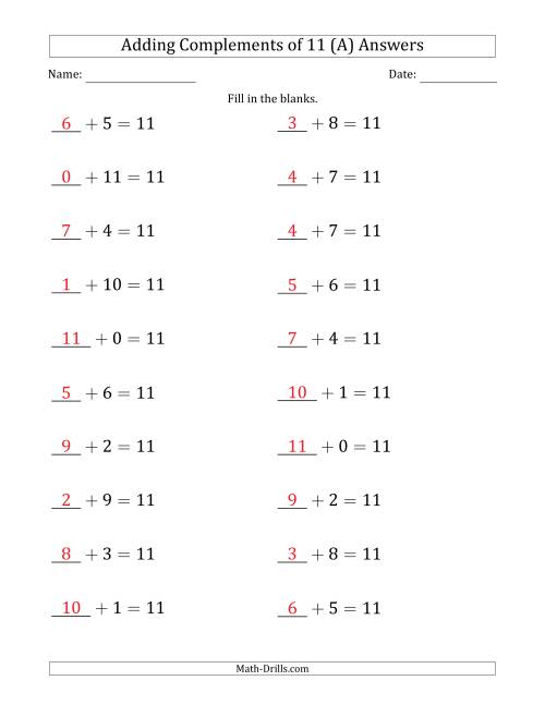 The Adding Complements of 11 (Blanks in First Position Only) (All) Math Worksheet Page 2