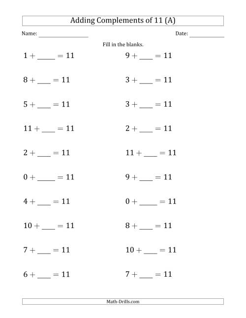 The Adding Complements of 11 (Blanks in Second Position Only) (A) Math Worksheet