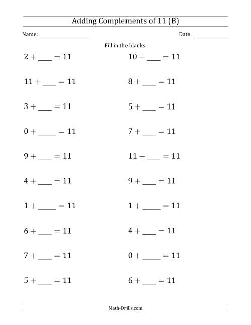 The Adding Complements of 11 (Blanks in Second Position Only) (B) Math Worksheet