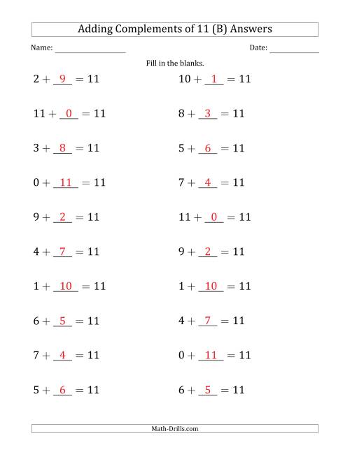 The Adding Complements of 11 (Blanks in Second Position Only) (B) Math Worksheet Page 2