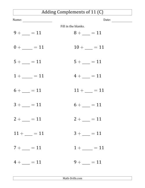 The Adding Complements of 11 (Blanks in Second Position Only) (C) Math Worksheet