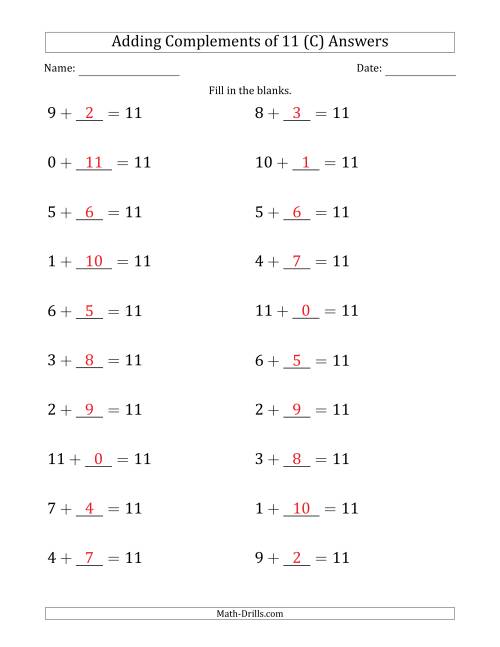 The Adding Complements of 11 (Blanks in Second Position Only) (C) Math Worksheet Page 2