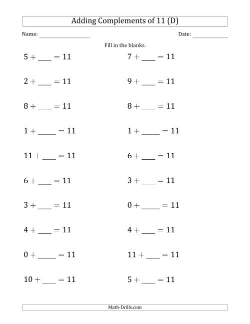 The Adding Complements of 11 (Blanks in Second Position Only) (D) Math Worksheet