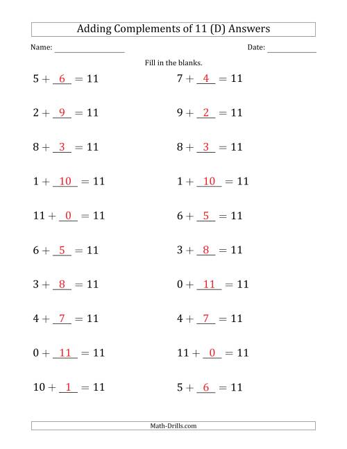 The Adding Complements of 11 (Blanks in Second Position Only) (D) Math Worksheet Page 2