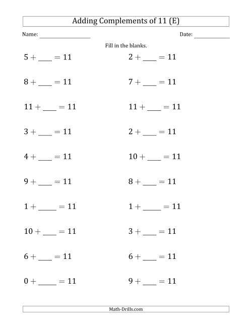 The Adding Complements of 11 (Blanks in Second Position Only) (E) Math Worksheet