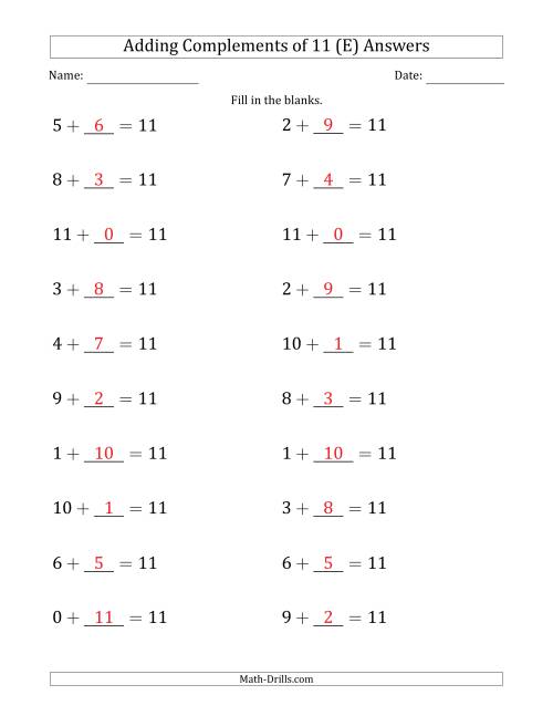 The Adding Complements of 11 (Blanks in Second Position Only) (E) Math Worksheet Page 2