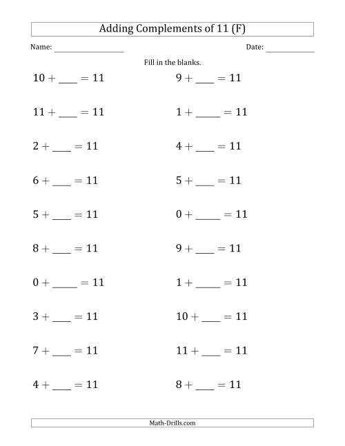 The Adding Complements of 11 (Blanks in Second Position Only) (F) Math Worksheet