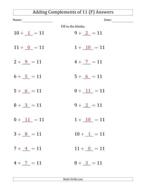The Adding Complements of 11 (Blanks in Second Position Only) (F) Math Worksheet Page 2
