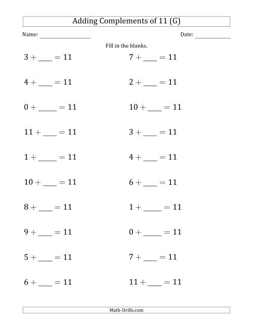The Adding Complements of 11 (Blanks in Second Position Only) (G) Math Worksheet