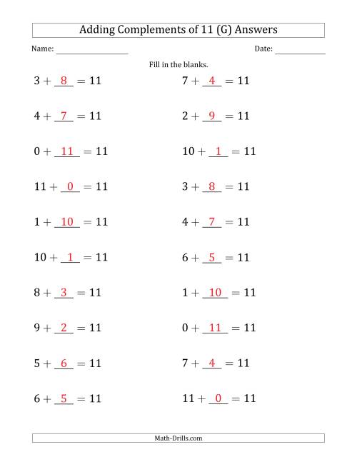 The Adding Complements of 11 (Blanks in Second Position Only) (G) Math Worksheet Page 2