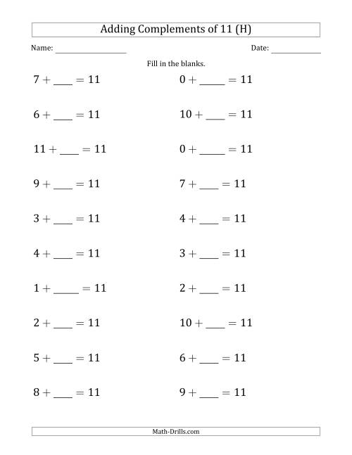 The Adding Complements of 11 (Blanks in Second Position Only) (H) Math Worksheet