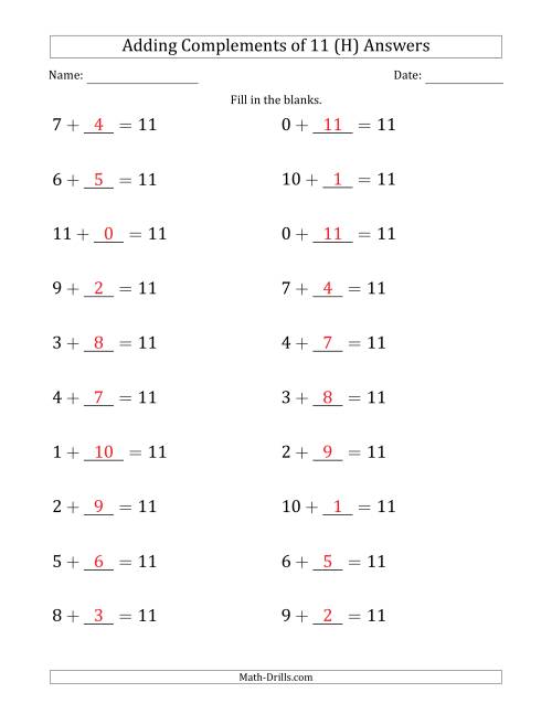The Adding Complements of 11 (Blanks in Second Position Only) (H) Math Worksheet Page 2