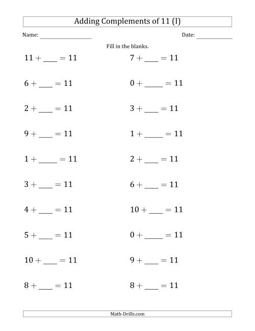 The Adding Complements of 11 (Blanks in Second Position Only) (I) Math Worksheet