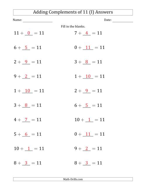 The Adding Complements of 11 (Blanks in Second Position Only) (I) Math Worksheet Page 2