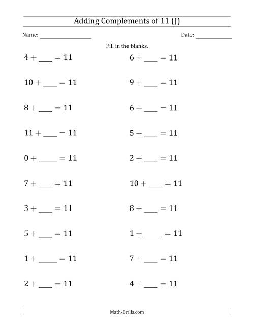 The Adding Complements of 11 (Blanks in Second Position Only) (J) Math Worksheet