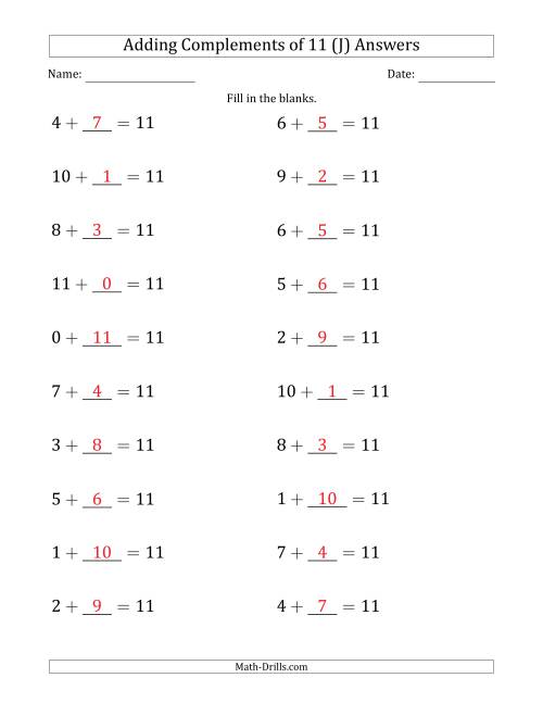 The Adding Complements of 11 (Blanks in Second Position Only) (J) Math Worksheet Page 2