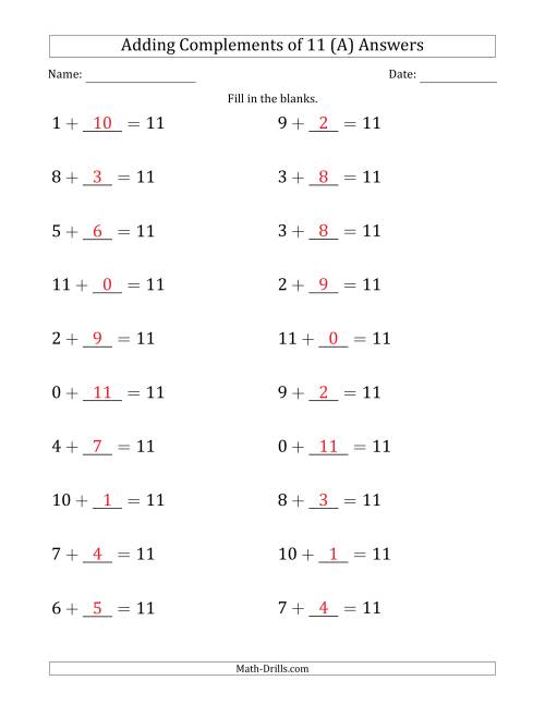 The Adding Complements of 11 (Blanks in Second Position Only) (All) Math Worksheet Page 2