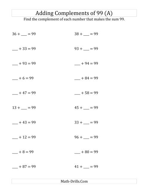The Adding Complements of 99 (A) Math Worksheet