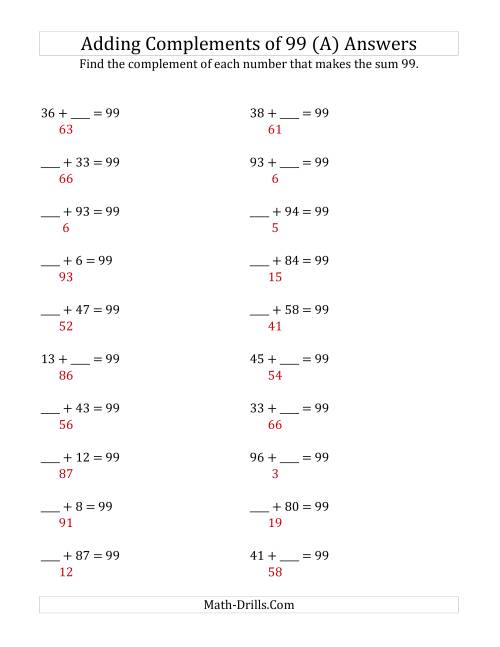 The Adding Complements of 99 (A) Math Worksheet Page 2