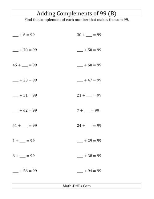 The Adding Complements of 99 (B) Math Worksheet