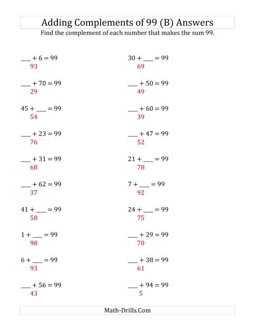 The Adding Complements of 99 (B) Math Worksheet Page 2