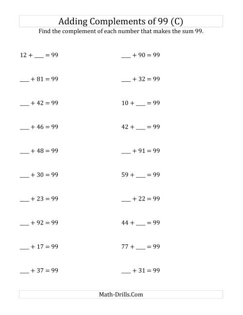 The Adding Complements of 99 (C) Math Worksheet