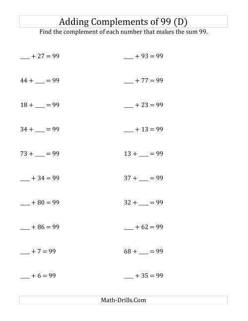 The Adding Complements of 99 (D) Math Worksheet