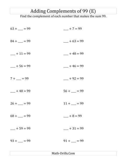 The Adding Complements of 99 (E) Math Worksheet