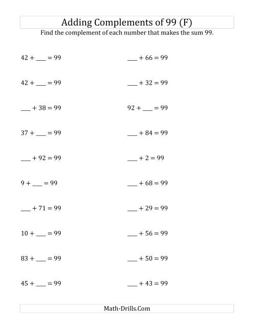 The Adding Complements of 99 (F) Math Worksheet