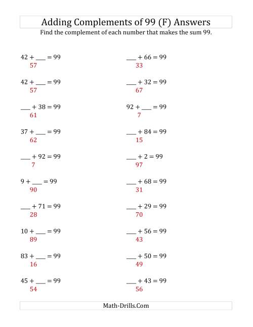 The Adding Complements of 99 (F) Math Worksheet Page 2