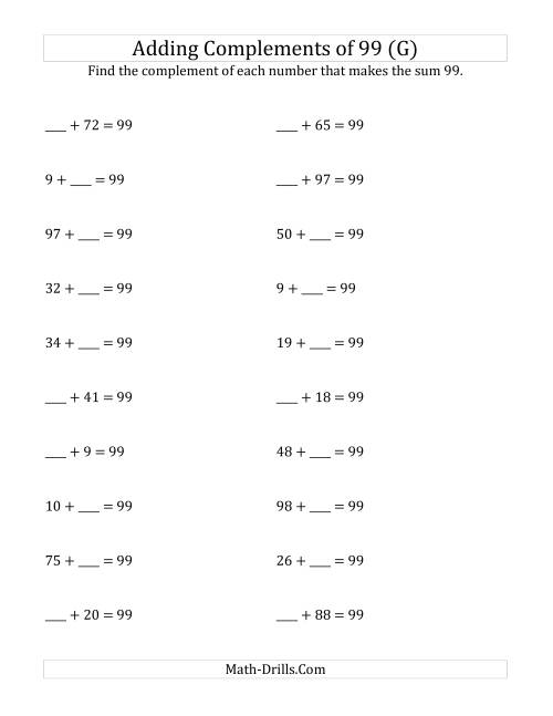 The Adding Complements of 99 (G) Math Worksheet