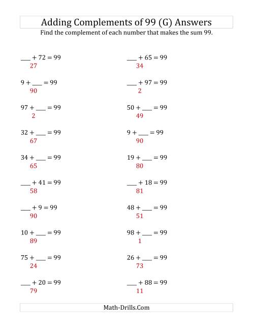 The Adding Complements of 99 (G) Math Worksheet Page 2