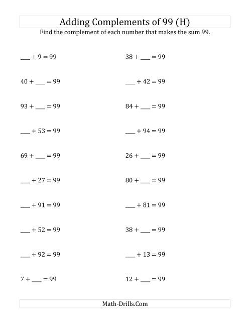 The Adding Complements of 99 (H) Math Worksheet