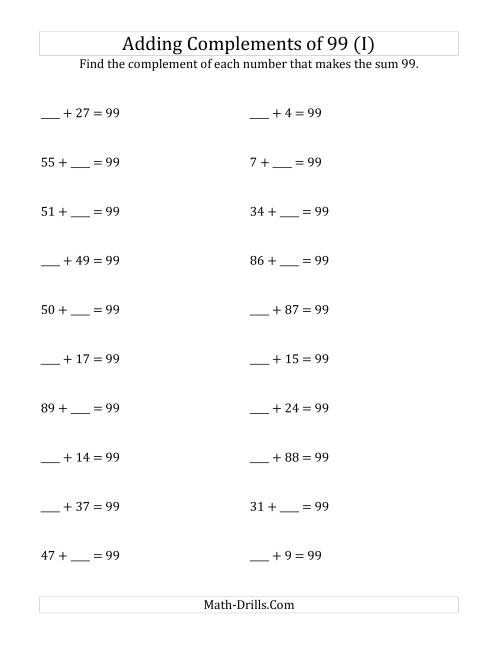 The Adding Complements of 99 (I) Math Worksheet