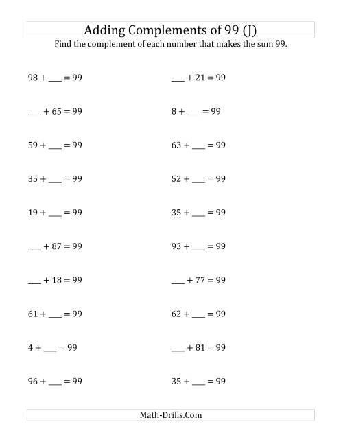 The Adding Complements of 99 (J) Math Worksheet