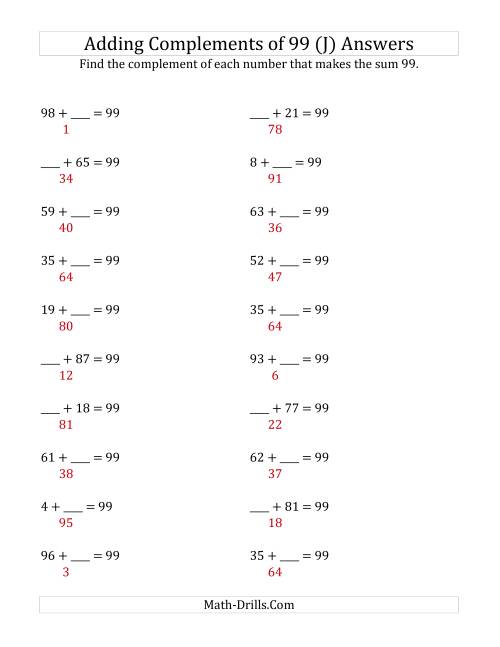 The Adding Complements of 99 (J) Math Worksheet Page 2