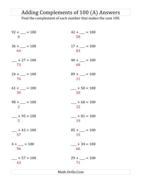 The Adding Complements of 100 (A) Math Worksheet Page 2