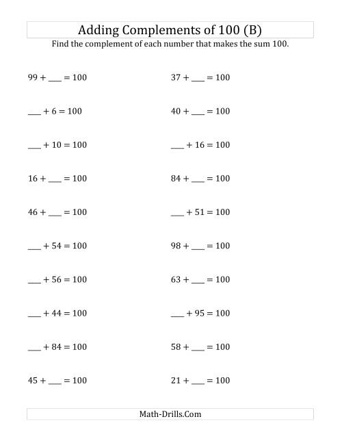 The Adding Complements of 100 (B) Math Worksheet