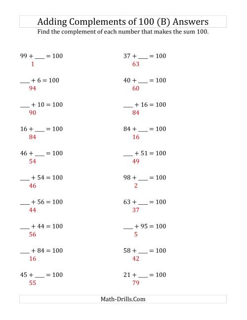 The Adding Complements of 100 (B) Math Worksheet Page 2