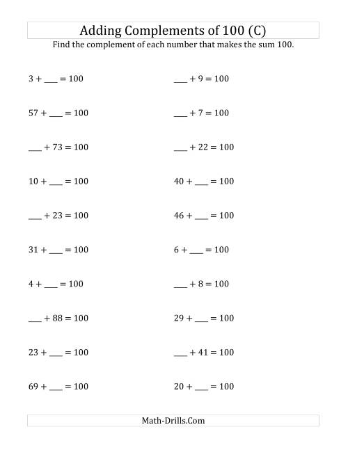 The Adding Complements of 100 (C) Math Worksheet