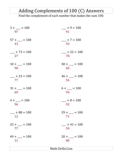 The Adding Complements of 100 (C) Math Worksheet Page 2