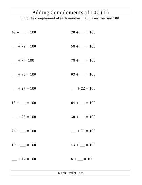 The Adding Complements of 100 (D) Math Worksheet