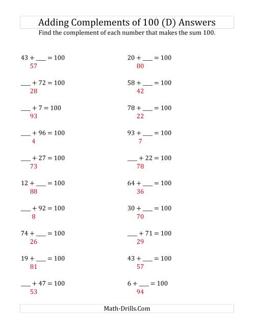 The Adding Complements of 100 (D) Math Worksheet Page 2
